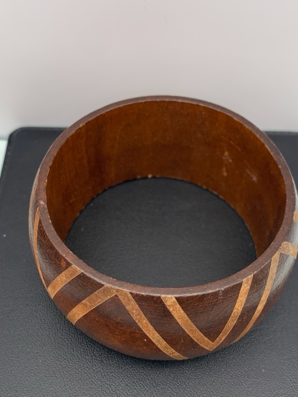 Handcrafted Brown Wooden Bangle with Inlaid Chevron Design - Picture 2 of 4